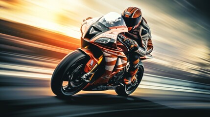 A dynamic image of a motorcyclist in full gear racing on a sports bike with a sense of speed and motion blur. Concept: speed, racing, motor sports, adrenaline, performance, blur, soft light