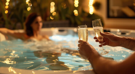 photo of woman in jacuzzi, toasting with champagne glass and man's hand holding the other champagne glas , romantic evening atmosphere - obrazy, fototapety, plakaty