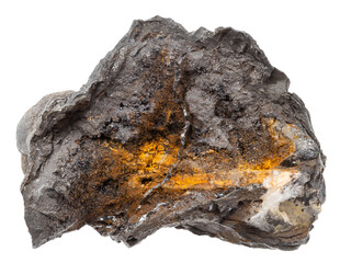 Fototapeta premium close up of sample of natural stone from geological collection - raw lithiophorite mineral isolated on white background from Altai