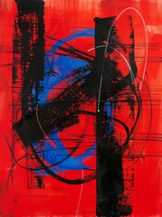 An abstract painting featuring bold strokes of black and red colors blending together in a dynamic and expressive composition