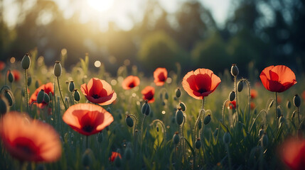 close up spring meadow with red poppies bokeh background