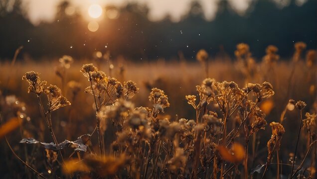 Autumn sunset landscape nature background. Dried flowers with water drops after the rain.