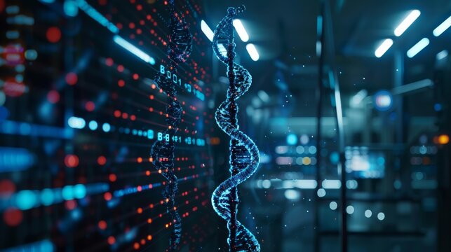 Digital DNA Structure in a Modern Genomic Lab A glowing digital representation of a DNA helix in a high-tech genomic research laboratory with data servers in the background.