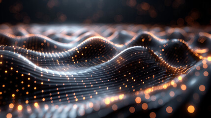 digital data nodes glowing on dark grey wave like background, big computer data software analysis

