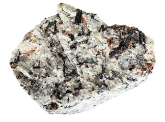 close up of sample of natural stone from geological collection - raw foyaite mineral isolated on white background from Kola Peninsula