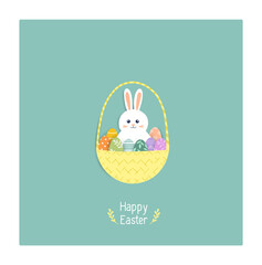 Cute colorful easter illustration with rabbit, eggs and basket. Happy Easter. Vector illustration.