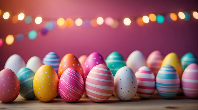 Set collection of colorful painted striped easter eggs on table with bokeh lights in the pink background