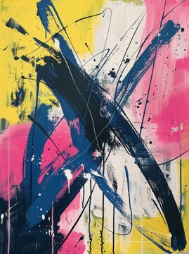 An abstract painting featuring intertwining streaks of blue, pink, and yellow colors creating a dynamic composition full of movement and energy