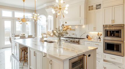 Glamorous Kitchen Oasis: Gold Details and Marble Marvels
