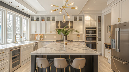 Glamorous Kitchen Oasis: Gold Details and Marble Marvels
