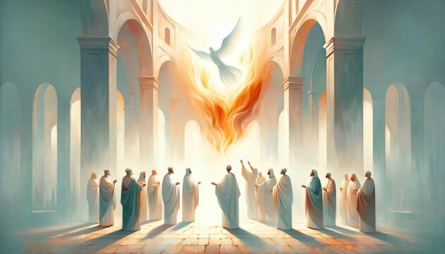 Pentecost. The descent of the Holy Spirit on the Apostles. Digital illustration.