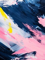 An abstract painting featuring vibrant pink, blue, and yellow colors blending and contrasting in dynamic patterns