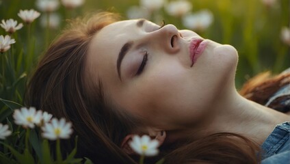 Obraz na płótnie Canvas Closeup portrait of beautiful calm woman enjoying spring nature with closed eyes, having fun outdoors.