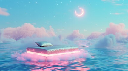 neon pink light blue bed in the middle of the ocean sitting on a wispy cloud,