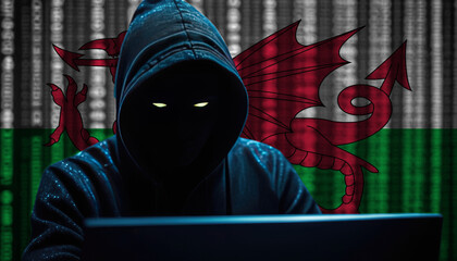 Hacker in a dark hoodie sitting in front of a monitors with Wales flag and background cyber security concept
