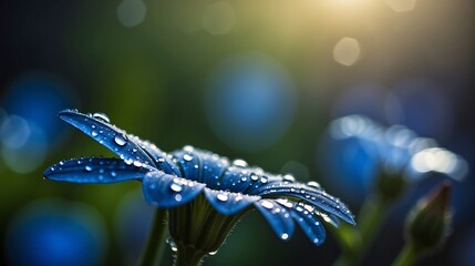 flower with dew dop - beautiful macro photography with abstract blue bokeh background - obrazy, fototapety, plakaty