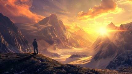 man standing on montain with sunset - obrazy, fototapety, plakaty