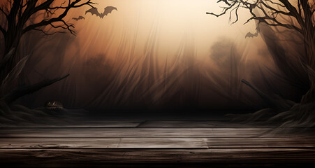 Empty brown wooden table top and blurred silhouette dead forest background. Spooky product montage display.