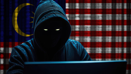 Hacker in a dark hoodie sitting in front of a monitors with Malaysia flag and background cyber security concept