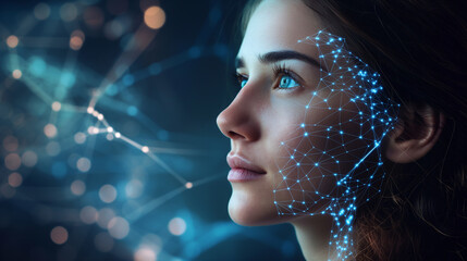 Facial Recognition Technology on Woman's Face. Digital mesh overlaying a woman's face representing facial recognition technology in a dark, futuristic setting.