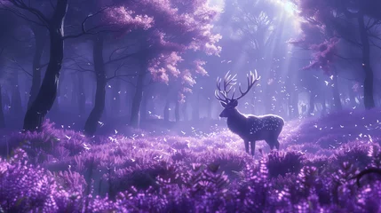 Zelfklevend Fotobehang Hyper Realistic Deer in Purple Forest With cyber prank style  © Ummeya