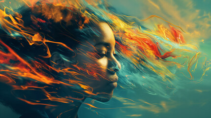 Abstract Artistic Fire and Water Profile Portrait. Profile of a person with an artistic blend of fire and water elements in an abstract, dynamic composition. - obrazy, fototapety, plakaty