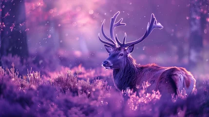 Zelfklevend Fotobehang Hyper Realistic Deer in Purple Forest With cyber prank style  © Ummeya