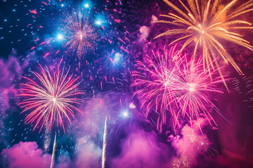 Colorful fireworks illuminate the night sky, creating dazzling display of vibrant hues and sparkling lights. Illustration captures the excitement and beauty of fireworks. Holi celebration background.