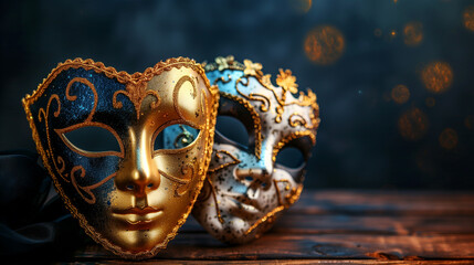 Two metallic gold masquerade masks on black stage background  - obrazy, fototapety, plakaty