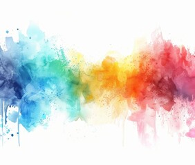 Fototapeta premium Multicolored paint splatters in the hues of a rainbow cover a pristine white surface, creating a vibrant and energetic composition