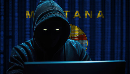 Hacker in a dark hoodie sitting in front of a monitors with Montana flag and background cyber security concept
