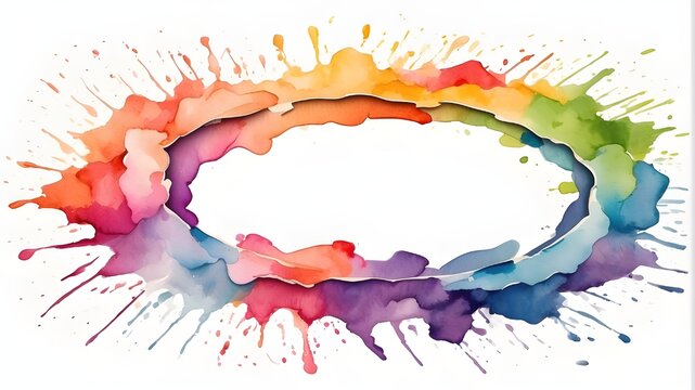 Isolated on a white background, an abstract bright rainbow color painting image features a circular watercolor splash frame.