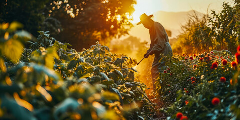 Silhouetted farmer sprays crops in golden light - obrazy, fototapety, plakaty