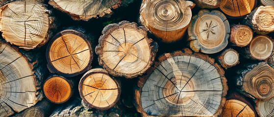 Close-up view of stacked wood logs, highlighting the intricate patterns of tree rings and textures.