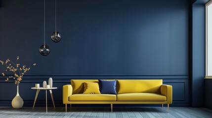 Dark blue wall and a yellow sofa on livingroom