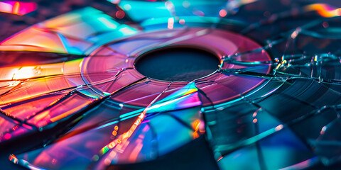 An array of broken CDs reflecting vibrant, iridescent colors, showcasing a beautiful play of light on shattered surfaces