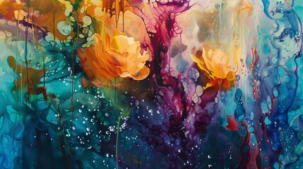 This artwork features an abstract and colorful composition created with a mixture of oil, water, and - obrazy, fototapety, plakaty