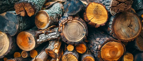 Keuken spatwand met foto A vibrant pile of freshly cut firewood logs displaying a spectrum of colors and detailed wood grain textures © Lidok_L