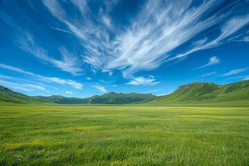 Sweeping meadow with vibrant green grass leading to layered hills under a bright blue sky with...