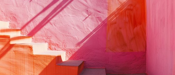 Outdoor staircase steps in a exotic setting, with weathered wall painted in shades of pink and orange. Casting shadow adding depth to magenta architecture. Summer, travel, vacations, warmth, tourism..