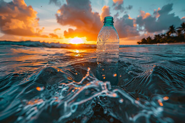Split view of the ocean with plastic bottle pollution above and below water, showing environmental impact at sunset. - obrazy, fototapety, plakaty