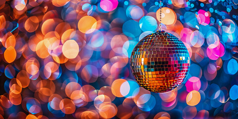 Sparkling mirror ball against a backdrop of multicolored light spots, giving a feel of a dance...