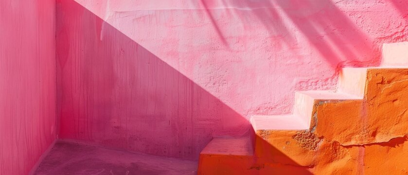 Mediterranean outdoor staircase steps with weathered wall, right pink and orange paint. Shadow on magenta wall. Feel the summer, trip, vacation, heat, relaxation, tourism.