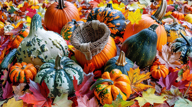 Abundance of Autumn Delights: Pumpkins, Gourds, Cornucopias, and Fall Foliage
