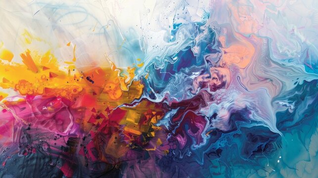This artwork features an abstract and colorful composition created with a mixture of oil, water, and