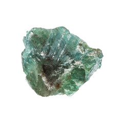 close up of sample of natural stone from geological collection - unpolished green alexandrite mineral in daylight isolated on white background from Ural