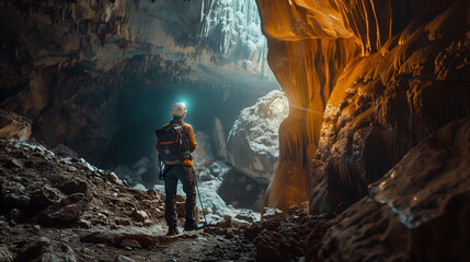 A speleologist explores a large cave, illuminated by a headlamp, and the rugged cave formations around it. - obrazy, fototapety, plakaty