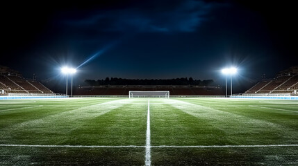 A soccer field with a bright blue sky in the background. The field is lit up with bright lights, creating a sense of excitement and anticipation for the game - obrazy, fototapety, plakaty