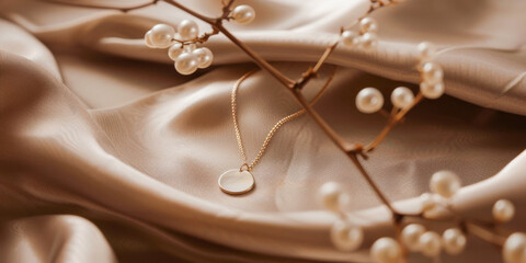 Photo of a elegant gold necklace with a simple circular pendant laying gracefully on a silk fabric, accompanied by a delicate branch of pearl berries