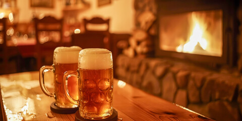 This photo captures a cozy tavern scene with two glasses of beer placed on top of a wooden bar...